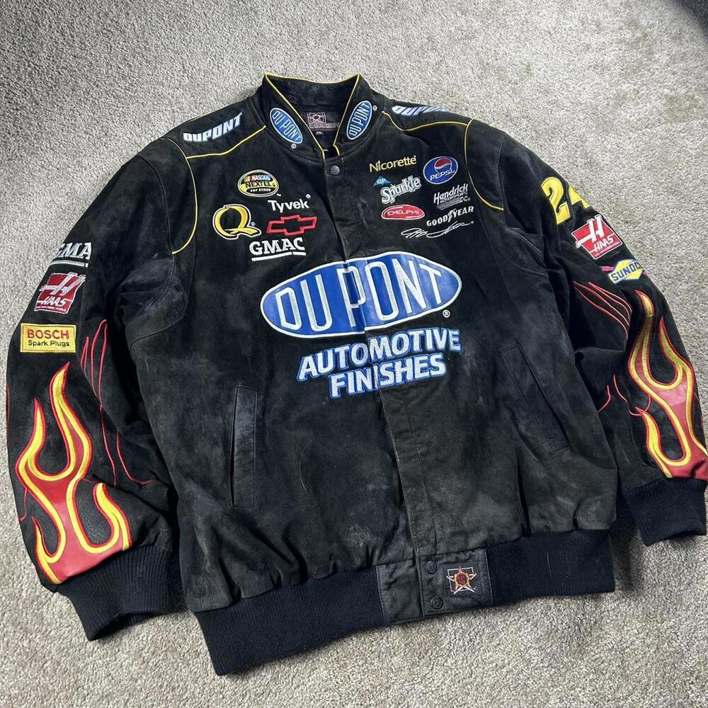 Vintage Jeff Hamilton Flame Embroidered Heavy Nascar Racing Jacket XXL